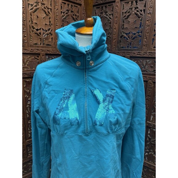ARMANI ECHANGE XL Sweatshirt Shirt Top Bling 1/4 Zip teal Blue - Picture 2 of 9